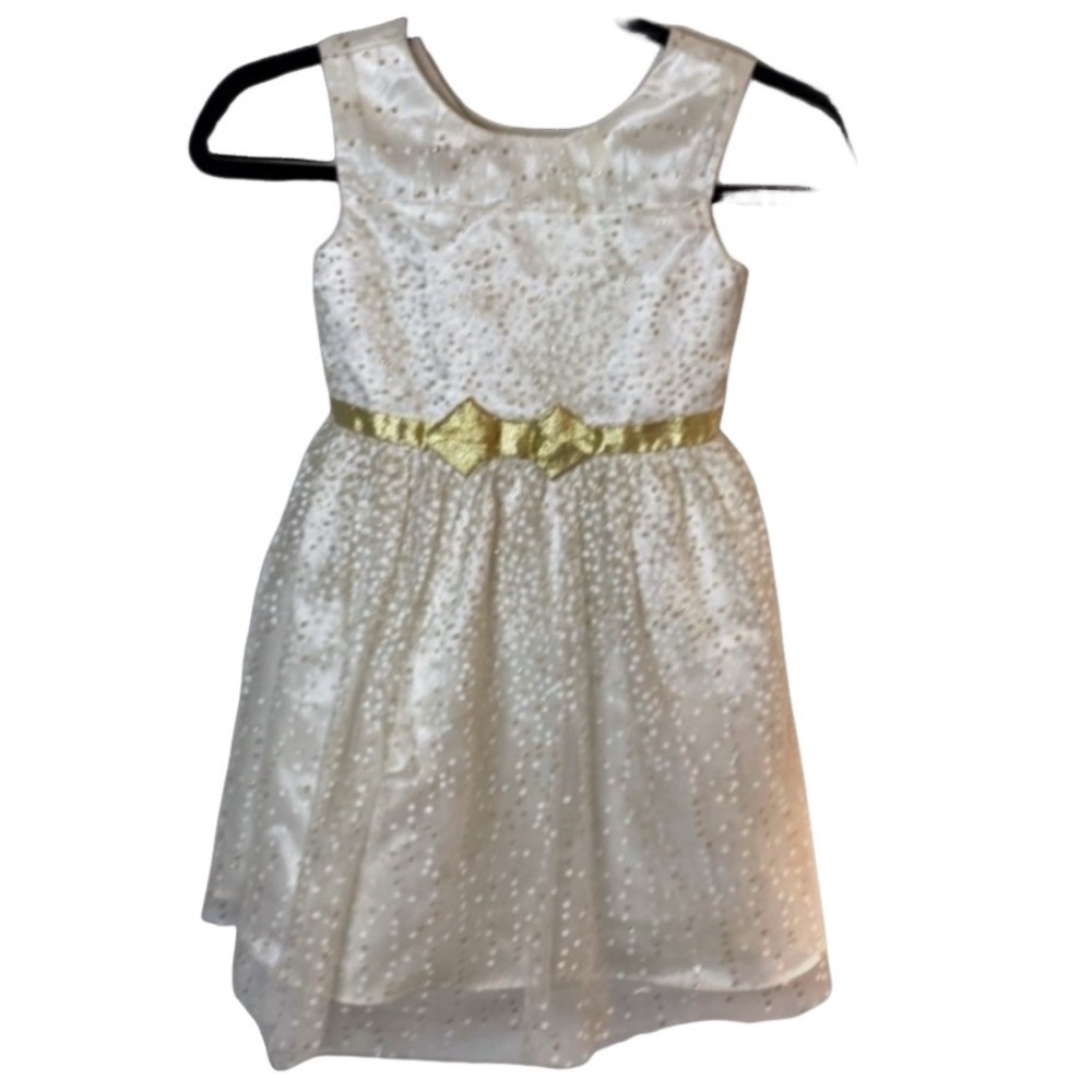 Jona Michelle Gold and Ivory Formal Kids Dress. Button & tie. Sz 5. Polka dot.